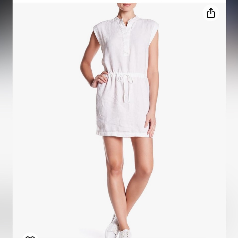 JAMES PERSE 100% Linen Drawstring Dress White Drop Waist Tie Waist Button Front
